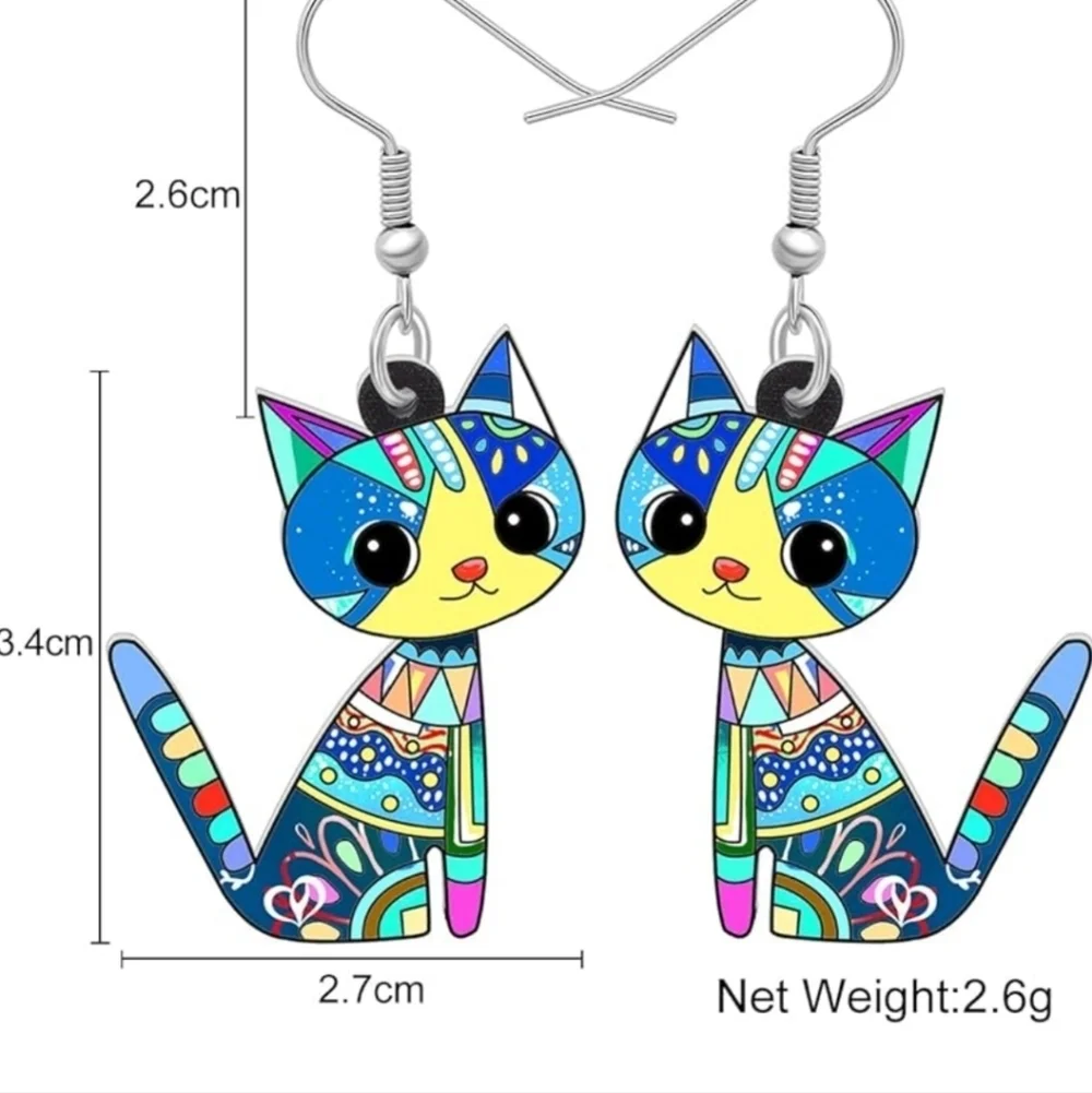 Whimsical Green and Blue Cat Earrings with Expressive Eyes
